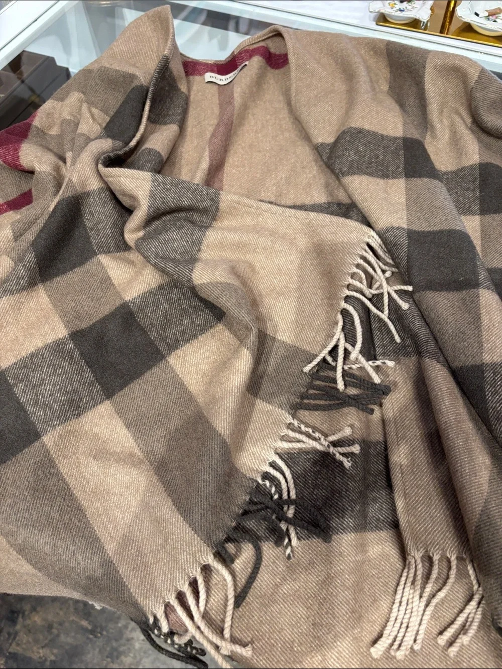 Burberry Camel Plaid Fringe Wrap with Burgundy Stripe